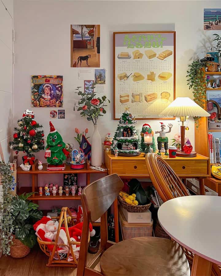 Brown wood tone dining room with red-accented Christmas ornaments, featuring vintage-style warm cozy atmosphere