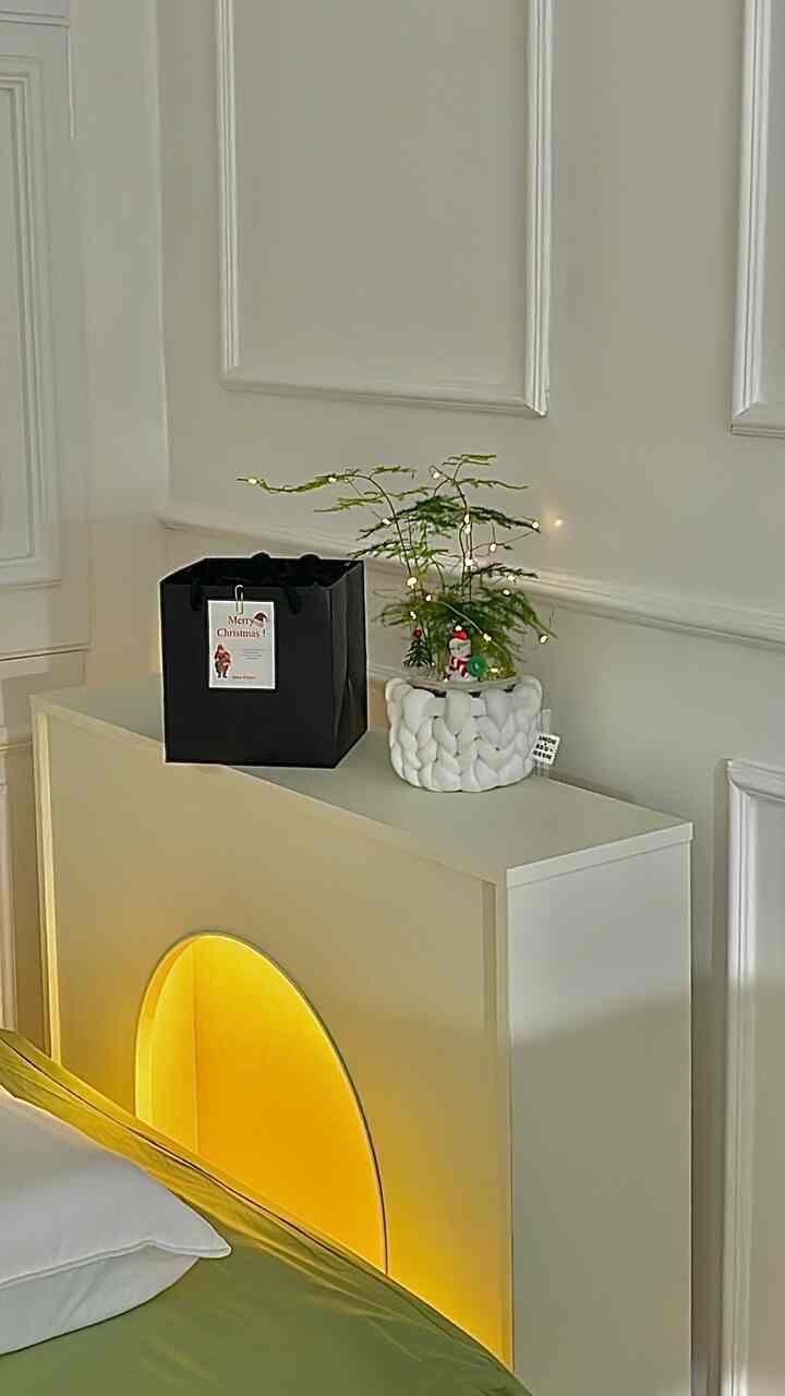 Natural color bedroom featuring a hotel-like wall headboard with a plant and string lights creating a cozy ambiance