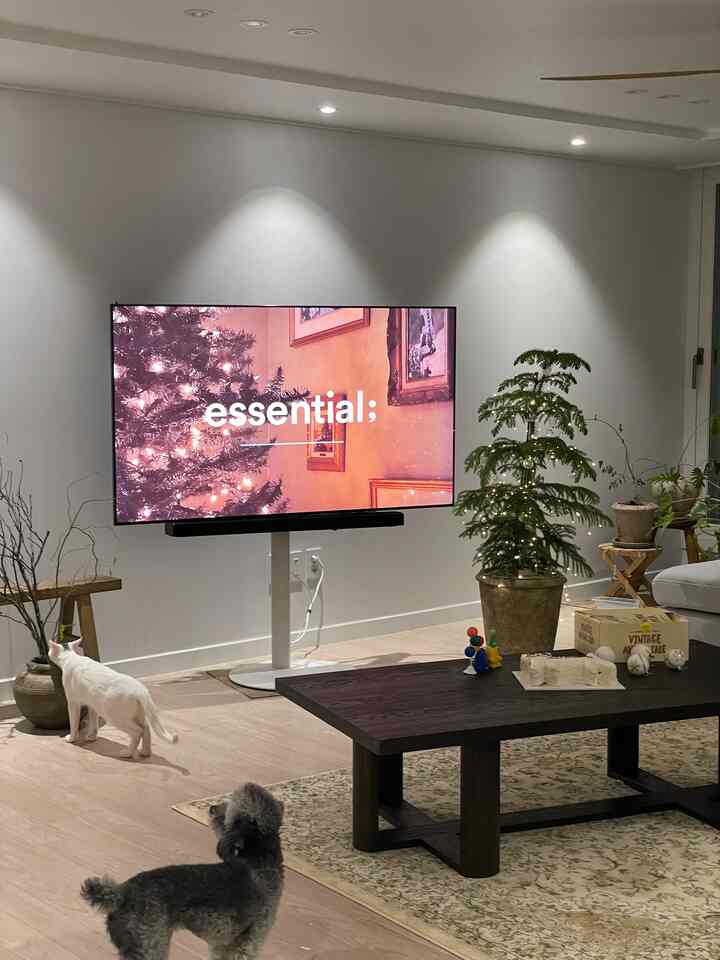 White and beige tone living room featuring TV stand and coffee table with a modern and natural atmosphere