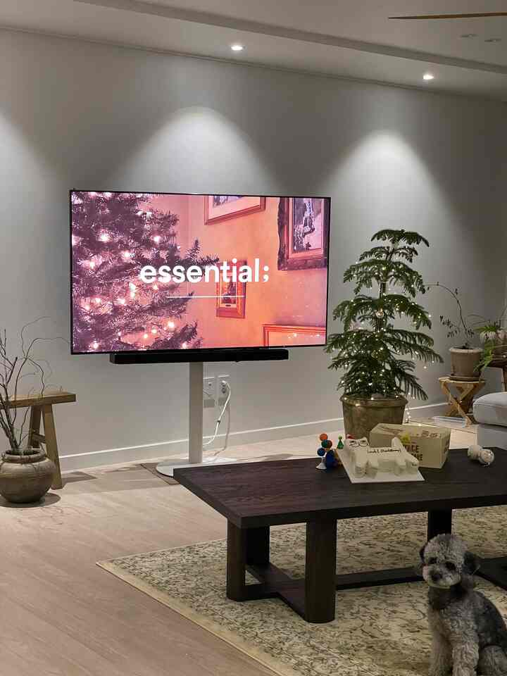 White walls and brown coffee table in living room featuring TV stand and a pet dog, creating a cozy atmosphere