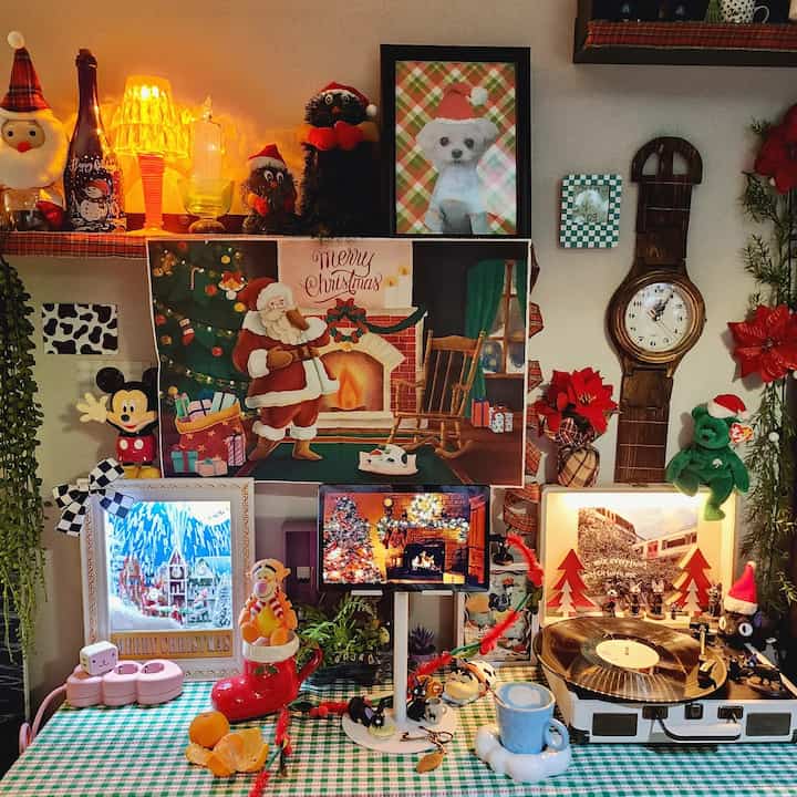 Vintage-inspired Christmas decorations and accessories on a studio apartment table setting with cozy home cafe vibe