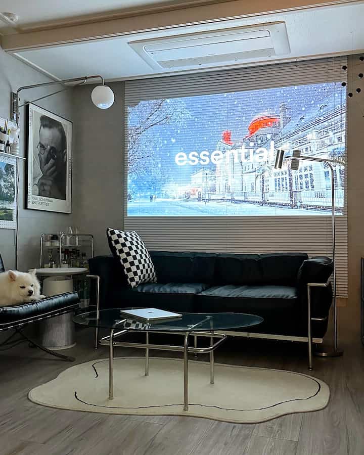 グレーのブラインドを背景にしたリビング、黒のレザーソファとガラスのコーヒーテーブルが置かれ、白いペットの犬がオットマンの上にいる雰囲気のあるインテリア
