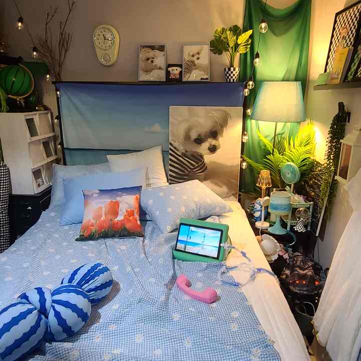 Blue and green toned bedroom featuring dog photos and cushions with cozy atmosphere