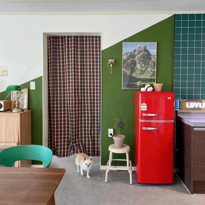 赤い冷蔵庫と緑の壁が印象的なキッチンとダイニング、かわいい小犬がいる温かい空間