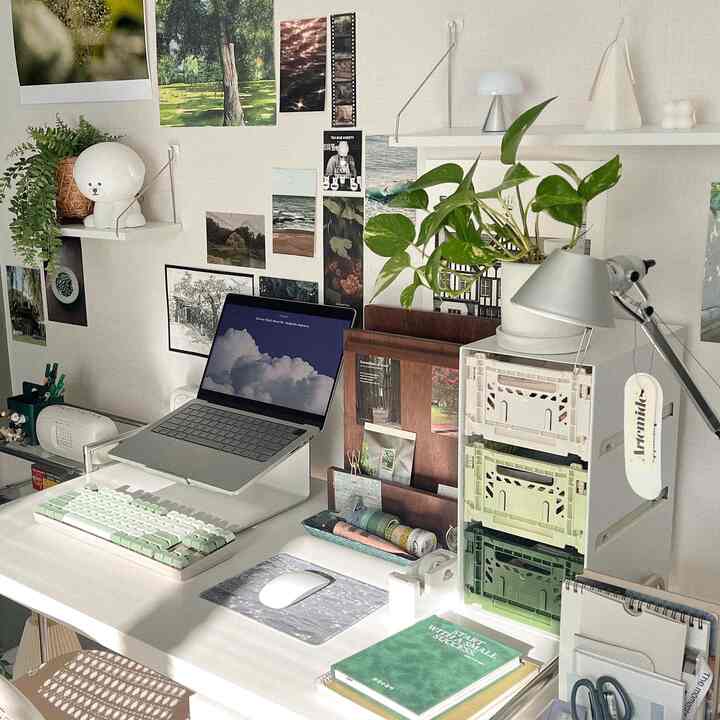 White and green toned home office featuring a laptop, desk, plant, and organized workspace with a clean atmosphere