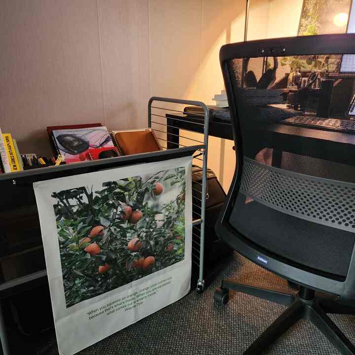 黒を基調としたワンルーム型ホームオフィス、メッシュのオフィスチェアとデスク、ブックトロリーが配置された落ち着いた作業空間