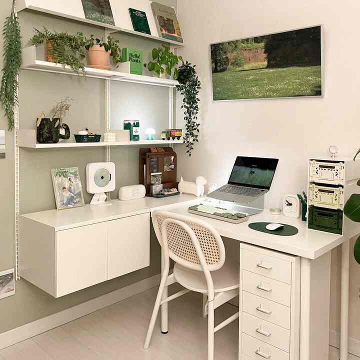 White and natural green toned small home office featuring desk and wall shelves with plants, neat study interior