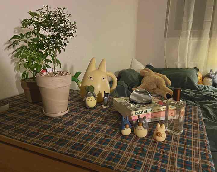 Natural-toned bedroom featuring a wooden table with woody check tablecloth, plants, Totoro figurines, and bed with pillows in a cozy setting