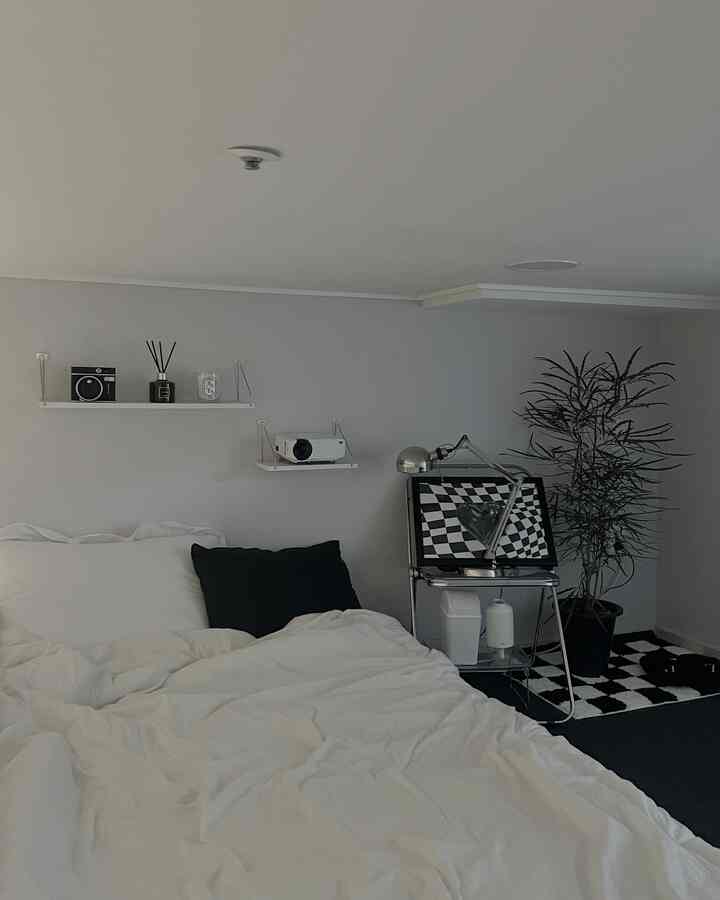 Monotone bedroom with white bedding and black accessories, featuring a clean modern mood
