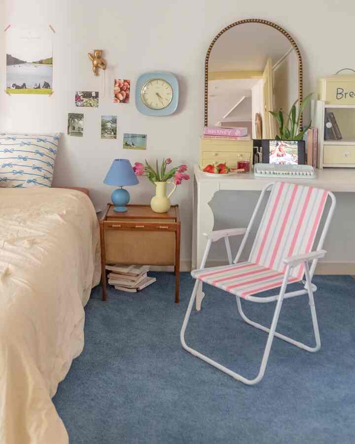 Soft blue and natural toned 6-tatami bedroom featuring bed, nightstand, and blue table lamp with cozy atmosphere