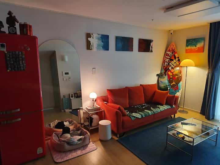 Living room with an orange sofa and retro refrigerator on a blue rug, cozy space featuring dog beds
