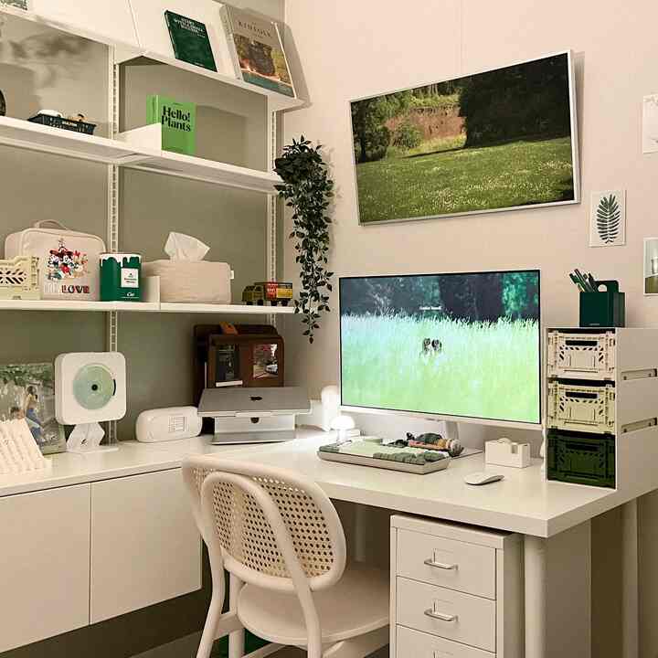 Soft white-toned home office featuring desk, storage crates, and green plants in a compact workspace