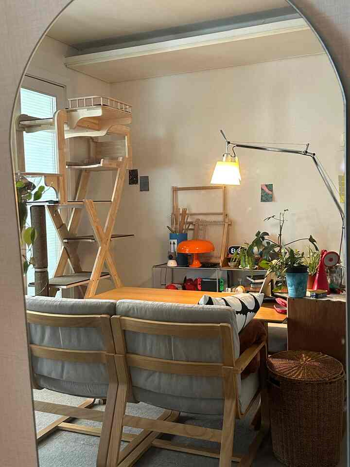 Natural wood tone living room featuring sofa, cat tower, and floor lamp with cozy atmosphere