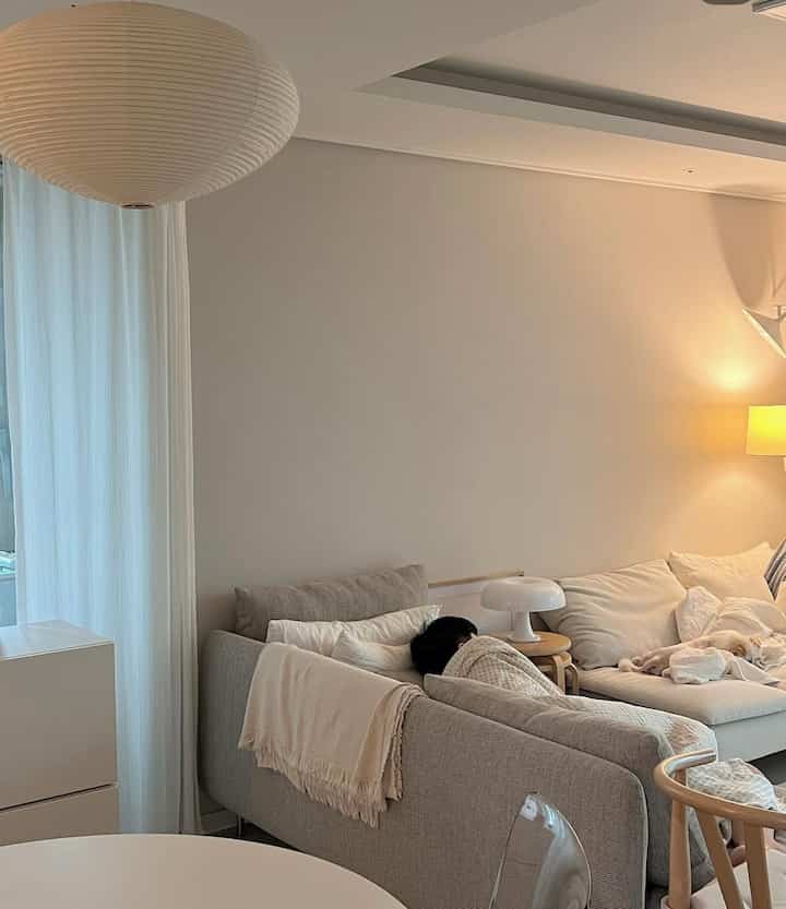 Beige and white toned living room featuring sofas and a resting dog for a cozy natural atmosphere