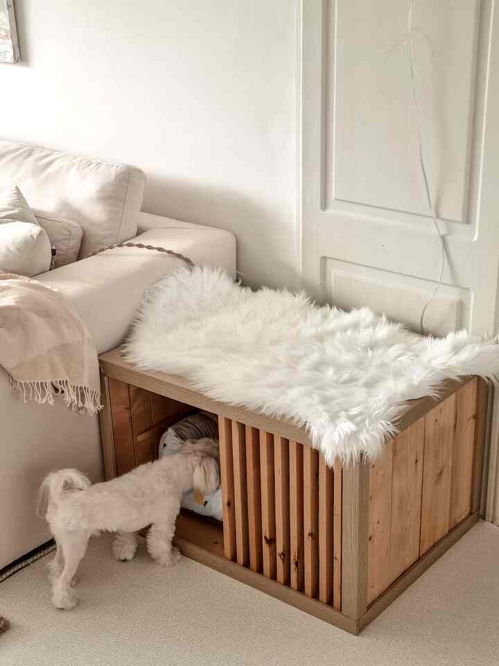 Ivory and natural toned room with a small dog and wooden pet house topped with a white faux fur rug, creating a cozy indoor space