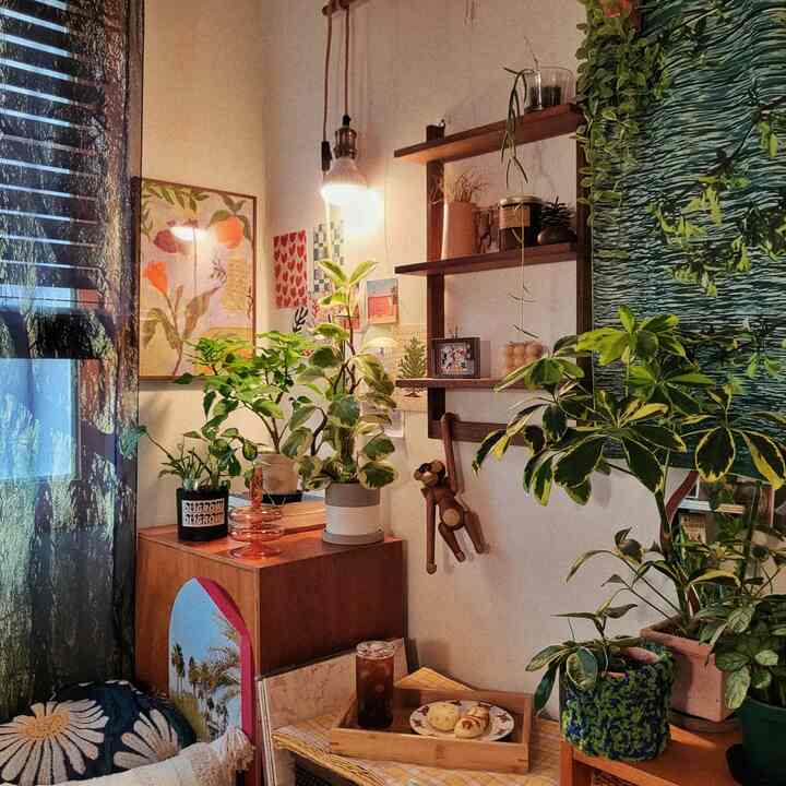 Natural tone living space with wood-tone furniture and abundant plants, creating a cozy living room corner