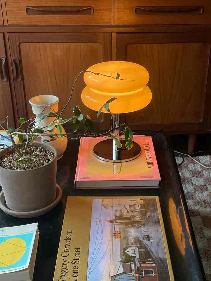 Natural toned living room featuring an orange table lamp and a potted plant on a coffee table with a warm ambiance