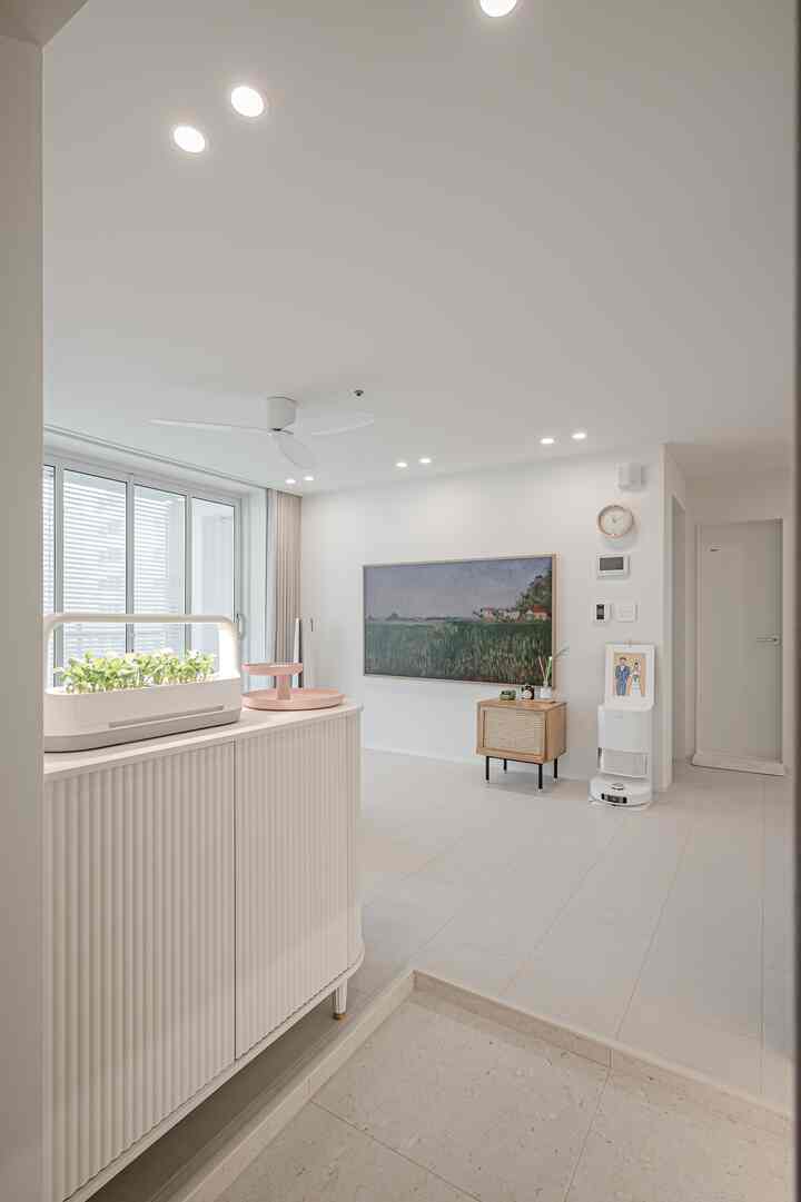 White and wood-toned entrance area featuring plants and a robot vacuum, showcasing a minimal and natural interior atmosphere