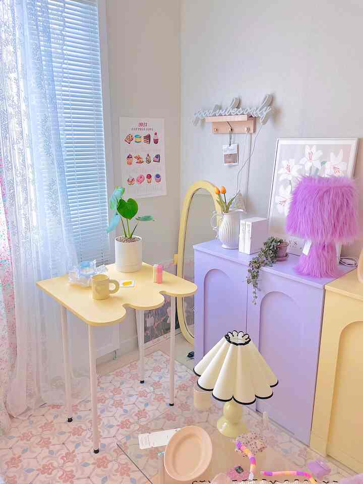A cozy, bright small room with yellow and purple tones featuring a cloud-shaped table and furry purple lamp