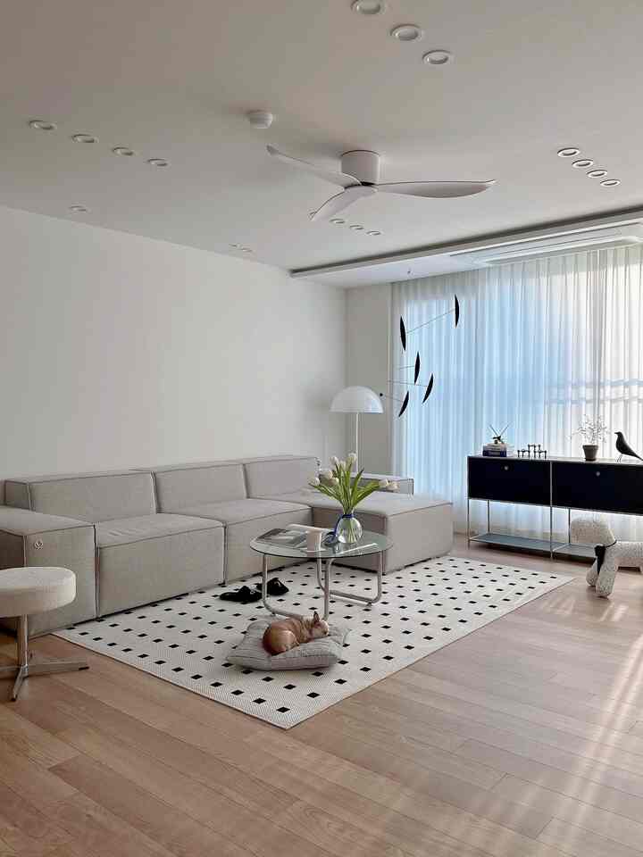 Bright living room with ivory walls and ceiling, wood tone floor. Modular fabric sofa, a dog resting on a black-patterned rug, white mobile and floor lamp create a natural modern vibe.