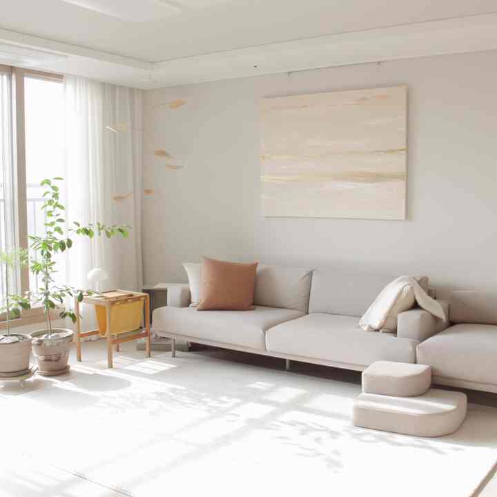 Bright white-toned living room featuring beige fabric sofa, rug, mobile art, and plants in a minimal natural setting