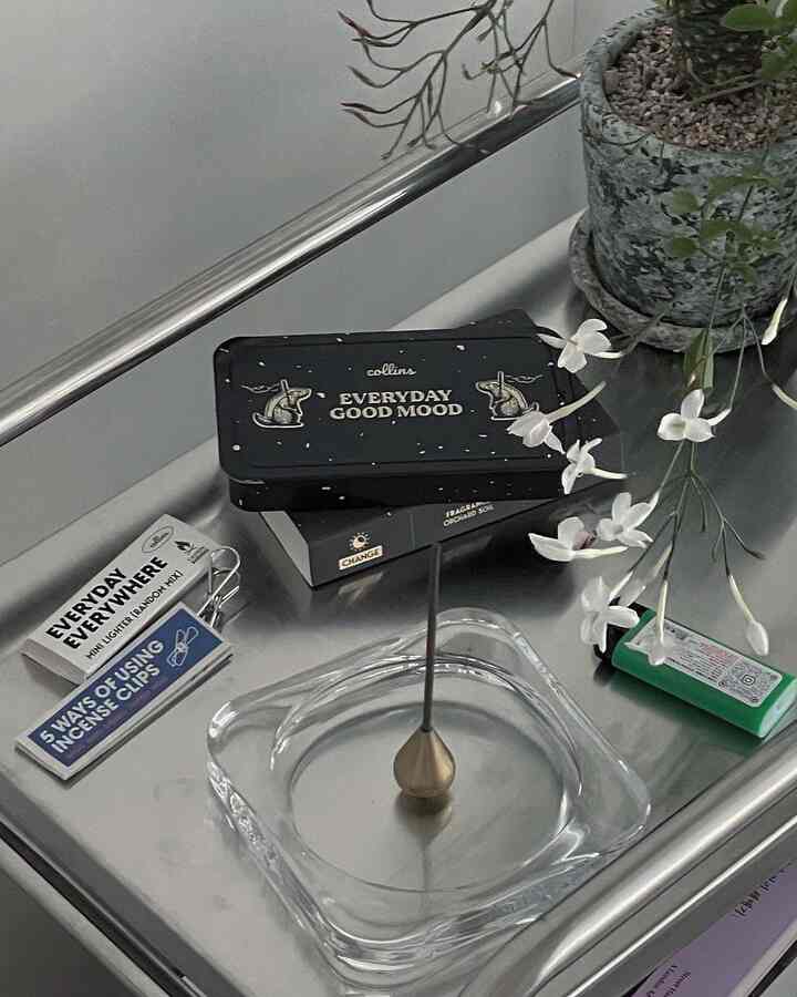 Mid-century modern silver steel trolley featuring an incense holder and plant, showcasing modern interior accessories display