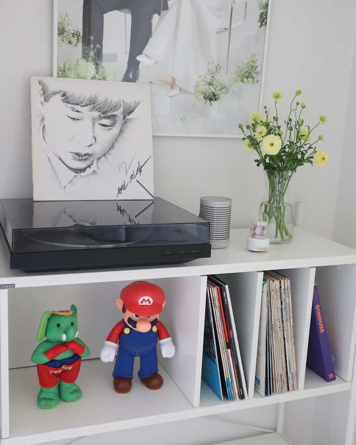 Bright white living room shelf featuring Sony turntable, Bang & Olufsen speaker, vase with flowers, and vinyl LPs in a tidy setting