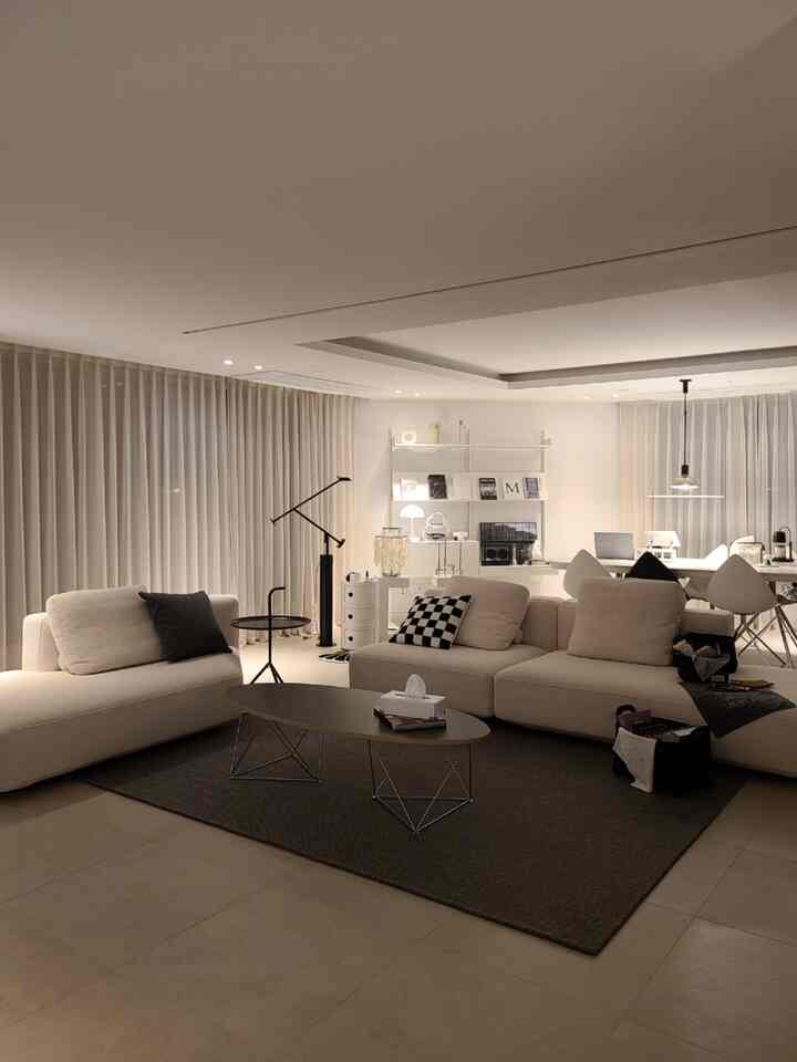 White and gray toned living room featuring large sofas, coffee table, and versatile lighting in a simple modern space