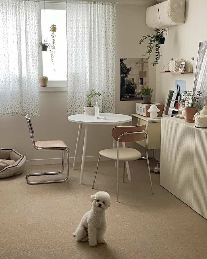 Beige flooring and white furniture living room, cozy space with dog bed near sofa and several plants