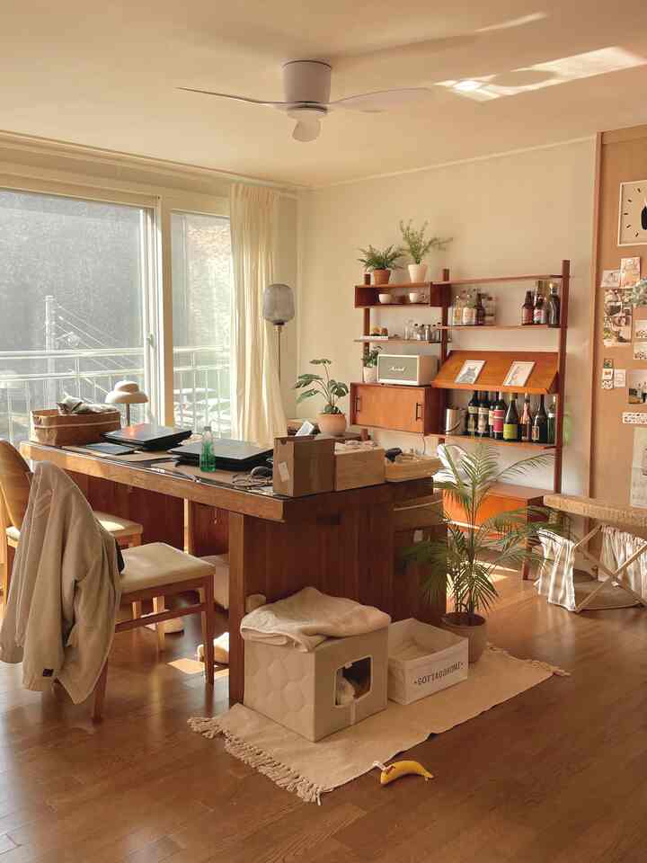 Cozy home office with warm wood tones and natural colors, featuring cat's pet house and indoor plants