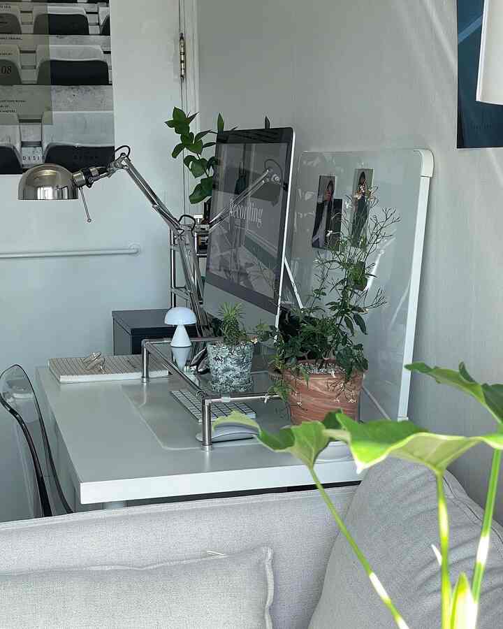 White and modern toned home office featuring a desk, computer, and various plants creating a clean workspace