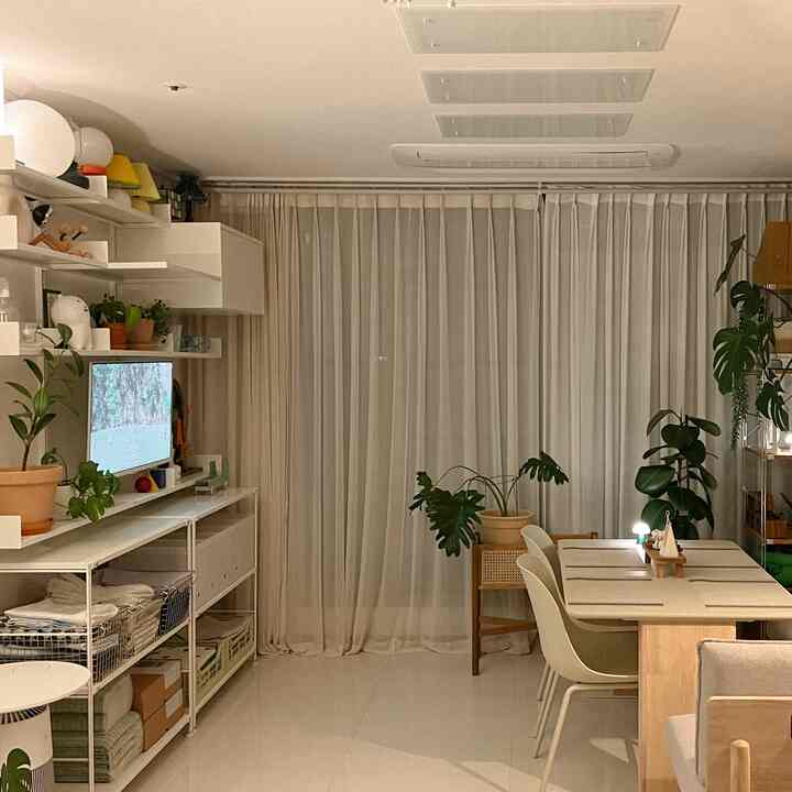 Natural modern dining room in white and beige tones featuring a dining table, curtains, and green plants with a cozy atmosphere