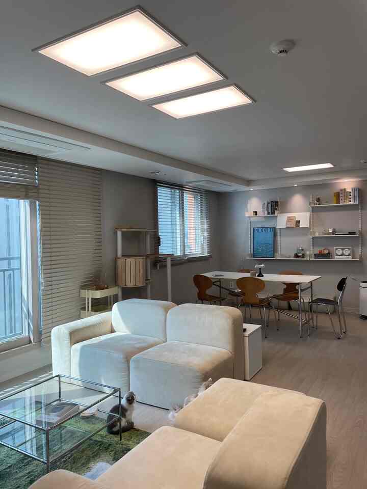 ホワイトとウッドトーンの調和が感じられるリビング、モジュラーソファとダイニングテーブル、ブラインドが配置されたシンプルな空間