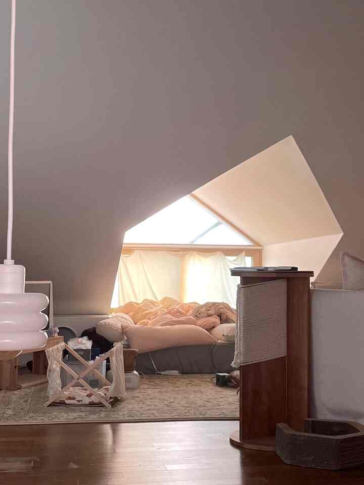 Natural beige and wood-toned bedroom with bedding, pet furniture and baby safety gate, cozy morning sunlight atmosphere