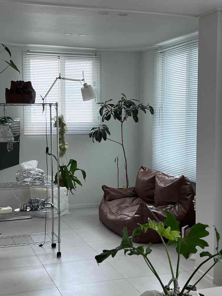 White-toned living room featuring silver metal shelves, brown leather beanbag sofa, and multiple plants for a natural and simple atmosphere