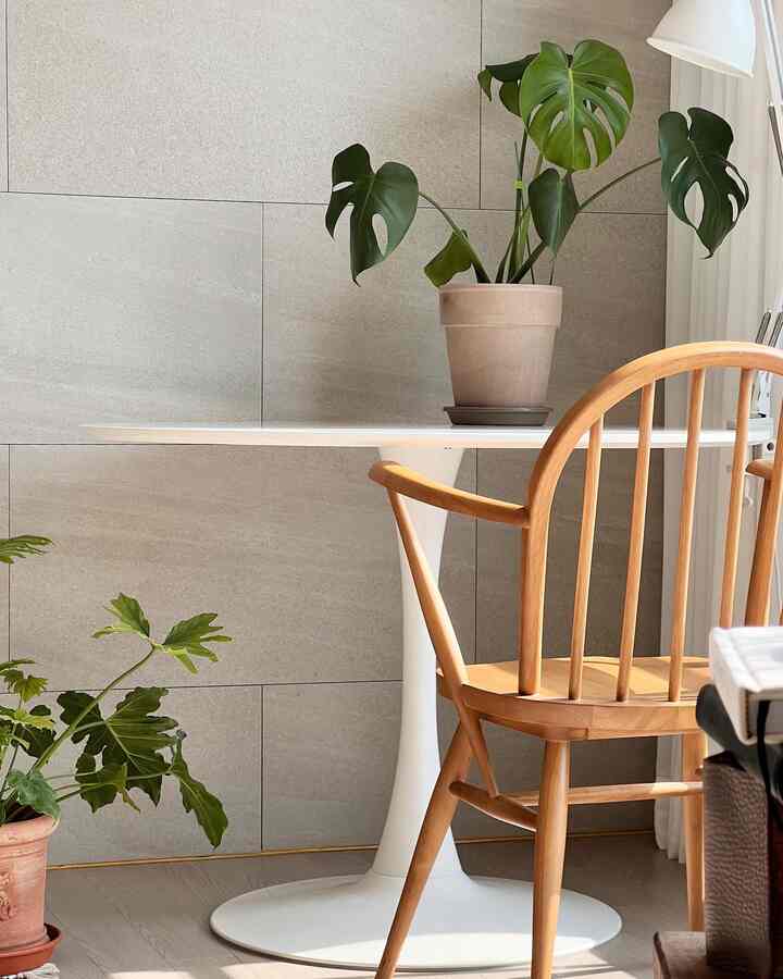 ホワイトとグレーのトーンのコンパクトなダイニングルーム、丸いダイニングテーブルと木製の椅子、モンステラの植物が配置されたシンプルモダンなインテリア