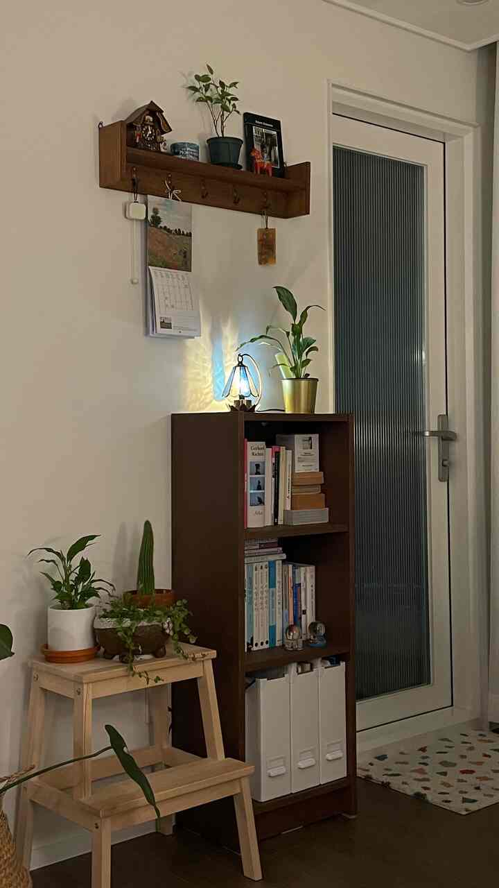 Beige-walled compact room with wood tone furniture, bookshelf and stool adorned with plants creating warm atmosphere