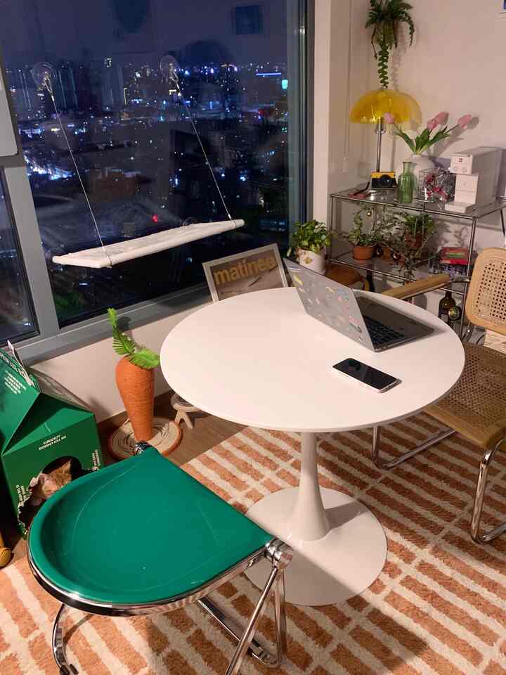 Cozy home cafe space with white round dining table, varied chairs, plants, cat house, and night city view