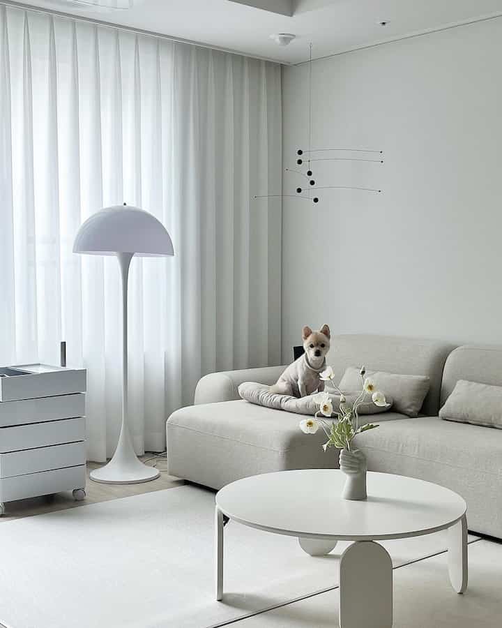白いトーンのリビング、モアモジュール型ファブリックソファとフロアランプが配置されたシンプルでモダンな空間、ソファの上に犬が座っている