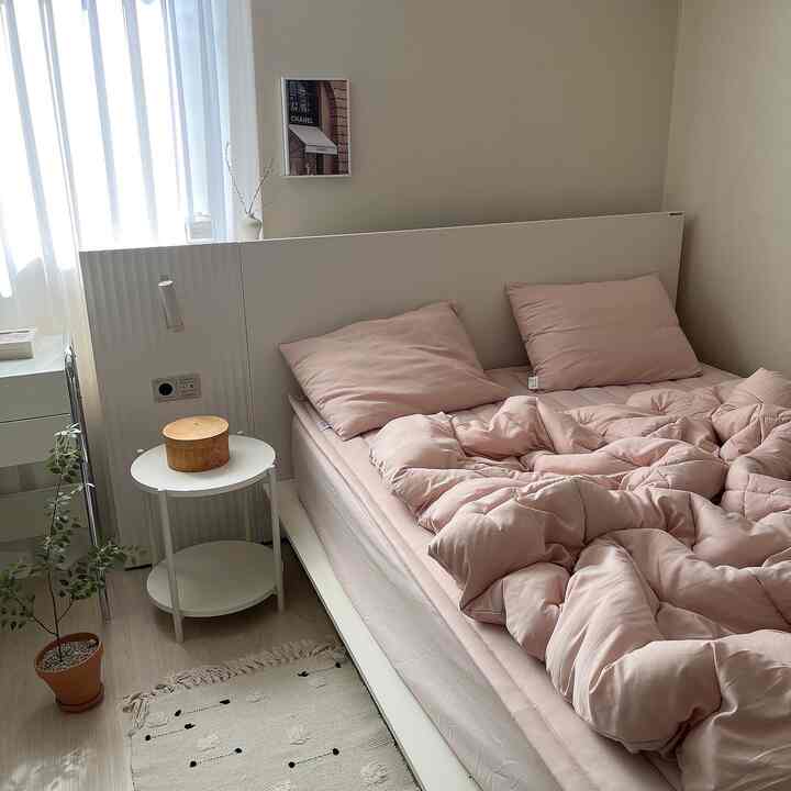 Cozy bedroom featuring soft pink bedding and white furniture bathed in gentle sunlight with natural accents
