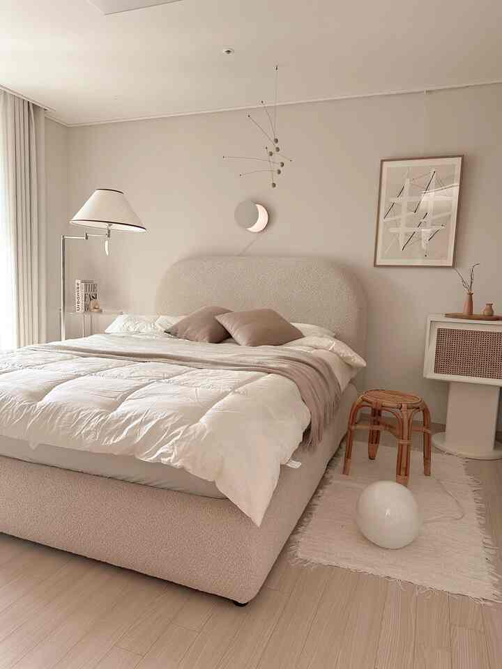 Beige and white toned bedroom featuring a textured bed and rattan nightstand, natural modern style space