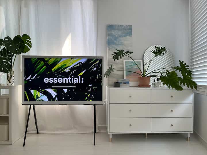 A modern, clean studio apartment space in white and green tones featuring a white dresser, TV stand, plants and picture frames