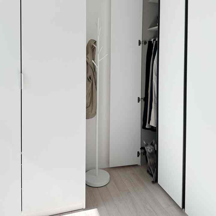 Bright white-toned small room featuring built-in wardrobes and a white coat rack, with clothes hanging and a cat sitting behind an open wardrobe door, creating a cozy space