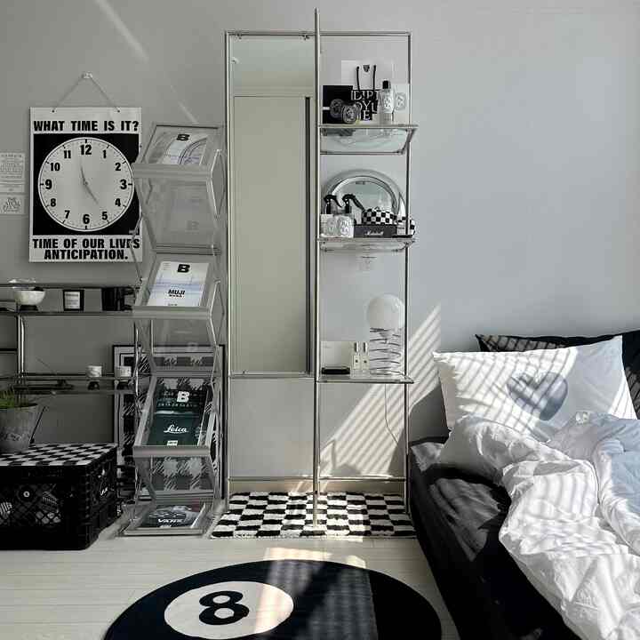 Monotone bedroom featuring a bed, checkered rugs, mirror, and bookshelf in a modern setting