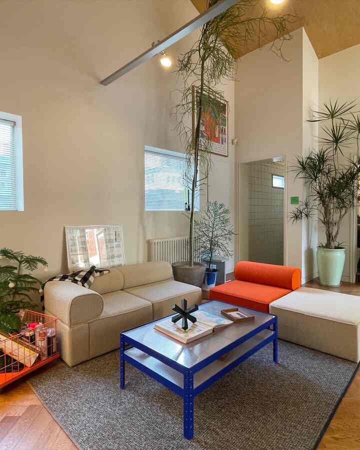 Natural color tone living room with beige and orange sofas, blue coffee table, and plants creating a cozy atmosphere