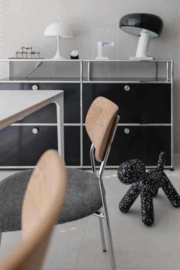 Black and white dining room featuring wooden back dining chairs and a dog-shaped pet toy, creating a modern atmosphere