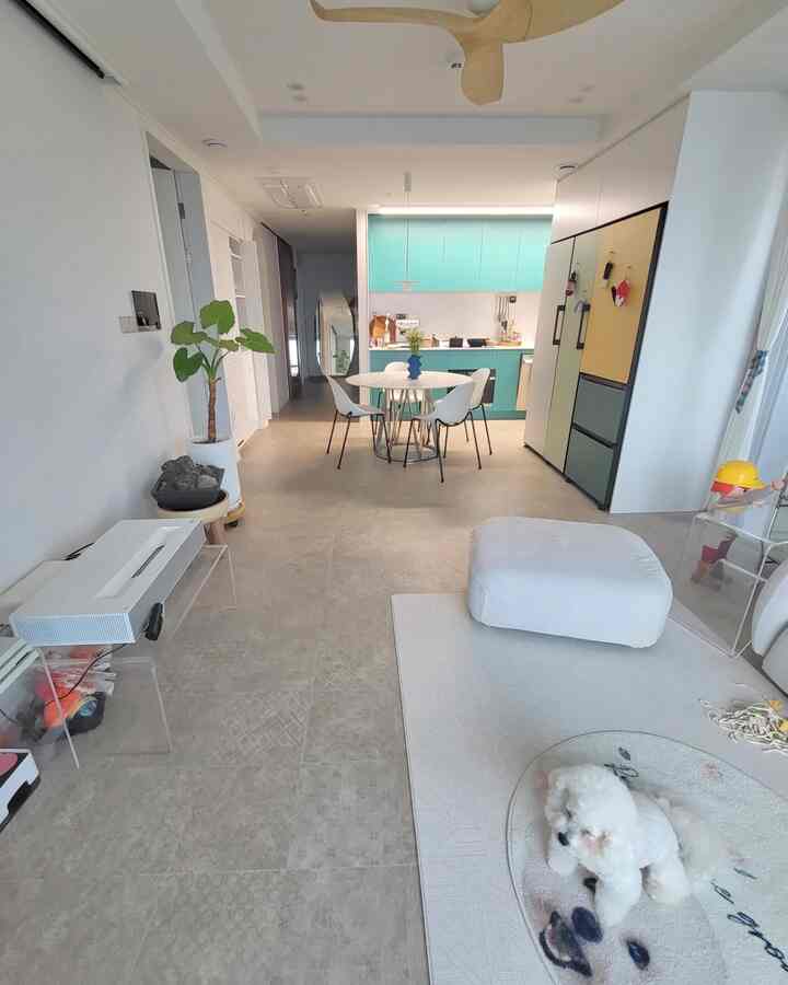 White and beige toned living room connected to kitchen, featuring a dining table and pet dog in a natural modern interior
