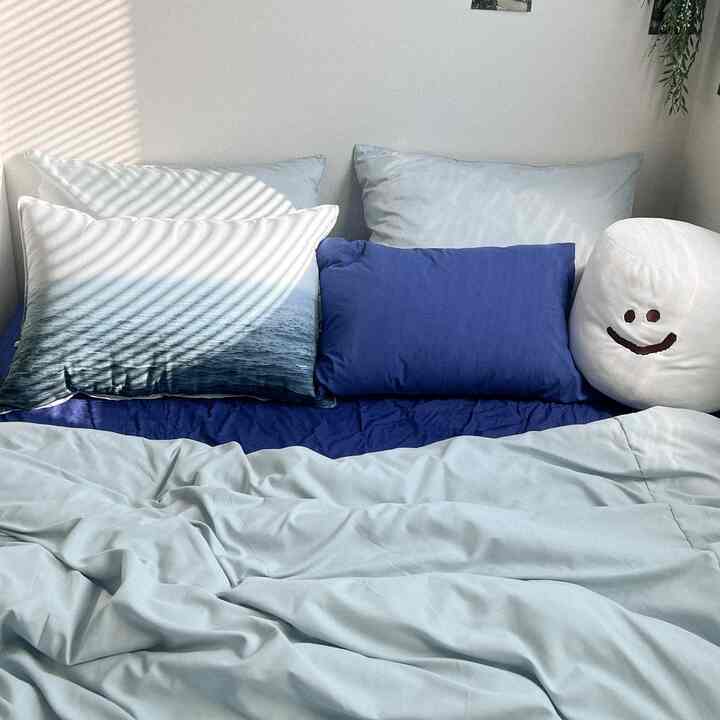 Blue and white toned bedroom featuring bed with various pillows arranged cozily in a simple setting