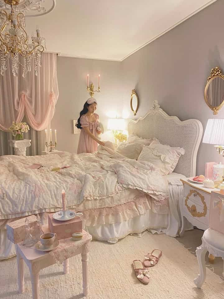 ピンクとホワイトの色調の寝室、クラシックなシャンデリアとナイトテーブルが配置された、温かみのある女性的な雰囲気のインテリア