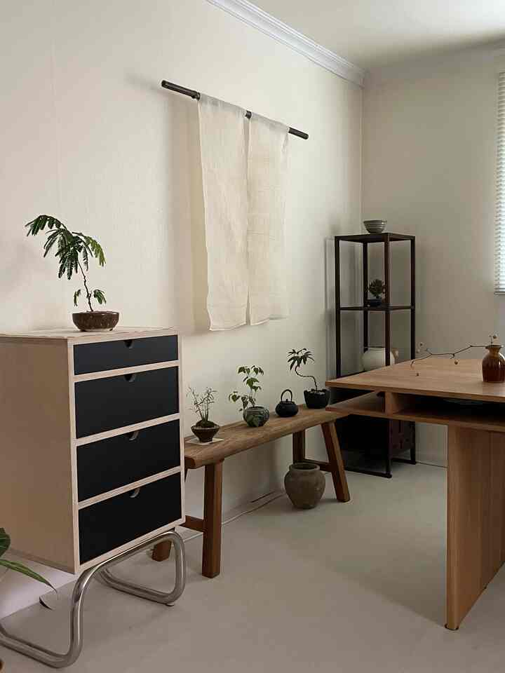 ナチュラルな木目調と白い壁が調和するミニマルリビング、ベンチと棚に鉢植えが配置された雰囲気のあるインテリア